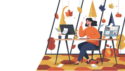 Stressed woman screaming at work during busy autumn season Deadline pressure and burnout concept