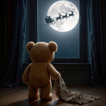 A teddy bear gazes out the window at the full moon, with Santa's sleigh silhouetted against the night sky, as the softly lit room creates a cozy and magical atmosphere 