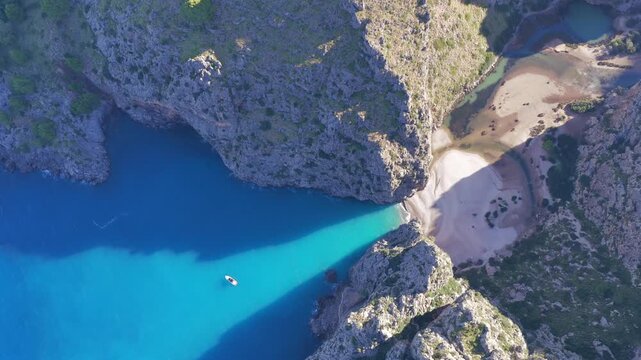 Aerial View of Torrent de Pareis Gorge and Sa Calobra Beach at the River Mouth, Mallorca