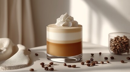 Layered coffee drink topped with cream, with coffee beans scattered around