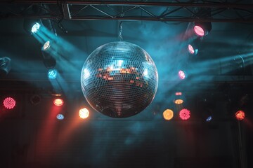 A Giant Nightclub Disco Ball Under Colorful Lights