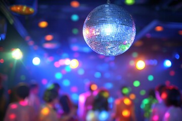 Disco Ball Above Dance Floor with Colorful Party Lights and Crowd