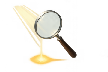 Magnifying glass focusing sunlight, creating a concentrated beam of light and heat, symbolizing investigation and discovery on transparent background