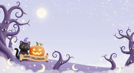 Naklejka premium Whimsical Halloween Black Cat Wizard with Pumpkin Greeting under Moonlight Lavender