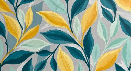 Modern Botanical Leaf Pattern in Teal and Mustard – Abstract Nature Art Design