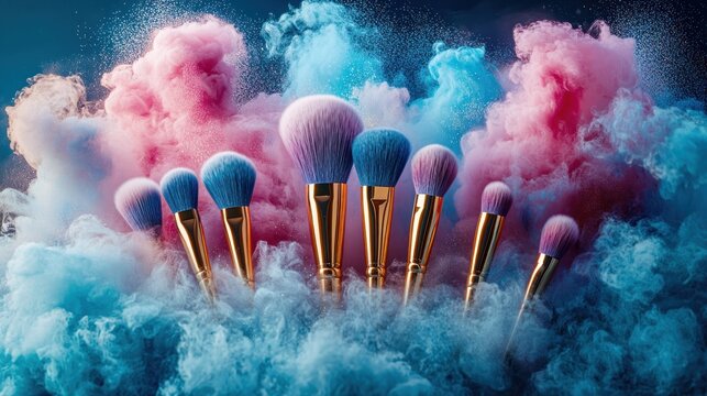 Makeup brushes set amidst pink and blue swirling powder plumes