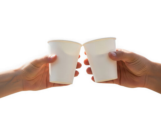 Two hands clinking white plastic cups for a toast celebration outdoor scene transparent background