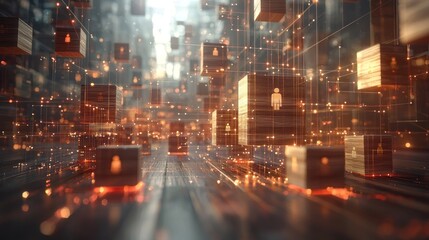 Networked wooden cubes with human icons float in a blurry, digital space