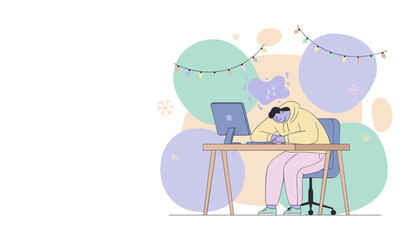 Burnout or deadline fatigue Person sleeping on office desk near computer in winter setting