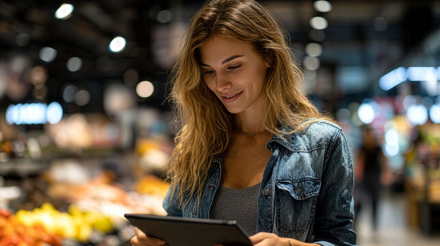 Woman Using Tablet in Supermarket - Digital Grocery Shopping