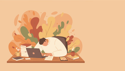 Overworked man buried in office papers and laptop stress and burnout concept