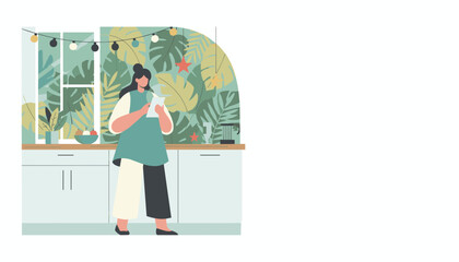 Woman reading recipe list in a stylish kitchen with tropical plants Cozy home routine illustration