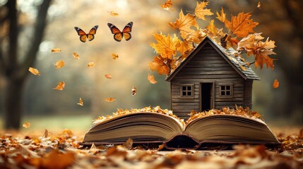Open book scene tiny house, falling leaves, butterflies in autumnal forest