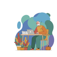 Stressed senior man working on a laptop at a home desk with autumn decorations and piles of paperwork