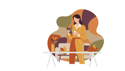 Woman working remotely with devices in a cozy autumnthemed modern interior space illustration