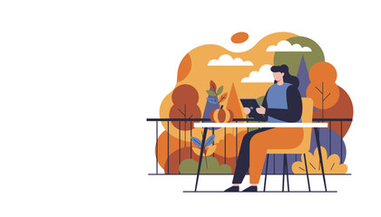 Woman works on a tablet on an autumn balcony illustrating remote work and seasonal tech