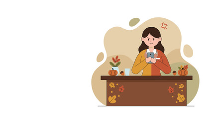 Furious woman using phone at desk during autumn Tech problems concept