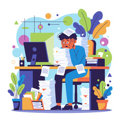 Burnout Frustrated worker drowning in paperwork and excessive office workload