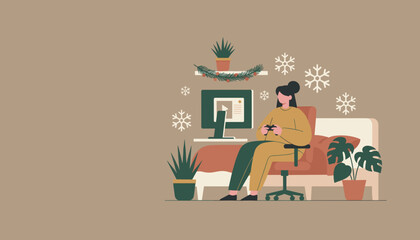 Woman playing video games on a computer at home during winter Leisure entertainment cozy activity