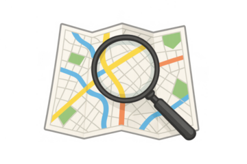 Map with magnifying glass illustrating urban exploration, finding location, navigation, and travel planning on transparent background