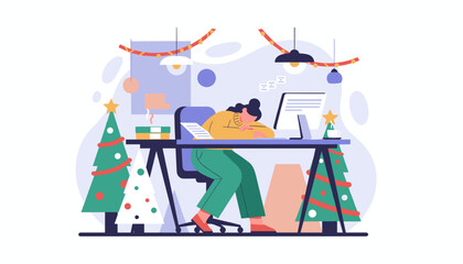 Exhausted employee asleep at her desk in a Christmasdecorated office Holiday burnout