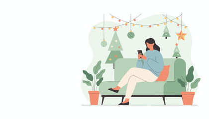 Woman on sofa using smartphone in a cozy Christmas living room