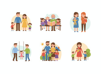 Fototapeta premium Illustration of a child adoption scene featuring multicultural foster families and couples adopting diverse children, with joyful parents embracing their adopted daughters and sons, presented as a