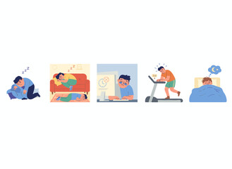 Fototapeta premium On a white background, the flat vector illustration depicts exhausted, fatigued people stuck in procrastination and emotional burnout, who are tired, frustrated, weak, and unhappy, doing nothing