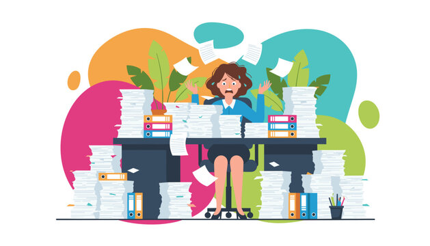 Overwhelmed office worker buried under piles of documents symbolizing stress burnout and bureaucracy