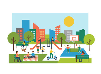 Kids at a contemporary kindergarten engage in outdoor activities, playing games, enjoying the playground, walking, and listening to the teacher, depicted in a flat, colorful cartoon vector