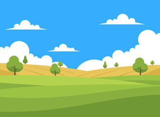 Obraz premium A flat vector illustration of a panoramic field, showcasing a beautiful countryside with a picturesque rural landscape and scenic view, featuring an oak tree on a glade, green hills beneath a cloudy