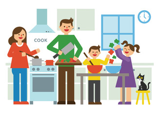 A joyful family cooks dinner together in a modern kitchen, illustrated in flat vector style, with parents and children preparing lunch on a white background, as mother, father, daughter, and son