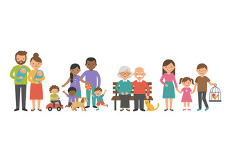 Fototapeta premium A flat vector illustration on a white background depicting happy, diverse families with traditional heterosexual parents and children of different ethnicities