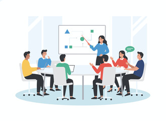 A corporate team convenes at a conference table for a brainstorming session, discussing work and collaboration, shown in a flat vector illustration on a white background