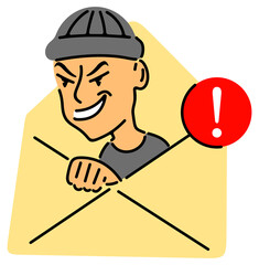 Letter, envelope, phishing, spam and scam. Internet fraudster, criminal, deception and data theft, illustration