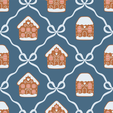 Cute Christmas seamless pattern with gingerbread cookie houses, white icing and blue ribbons.