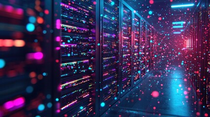 Server racks in a data center, glowing with colorful lights, depth-of-field effect