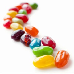 Vibrant jelly beans forming a colorful line on a clean white background, capturing the essence of sweetness and fun