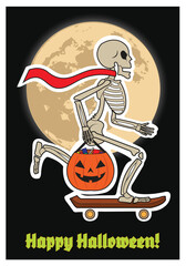 A spooky skeleton rides a skateboard.
