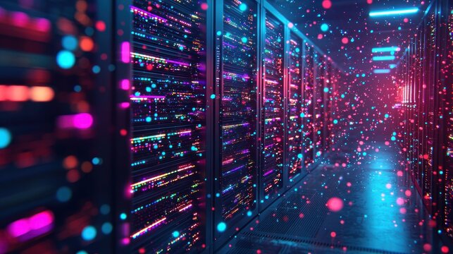 Server racks in a data center, glowing with colorful lights, depth-of-field effect