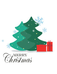 Double fir tree christmas card illustration with presents and falling snowflakes graphic effect in a white background 