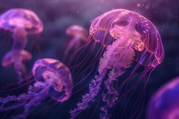 Purple jellyfish with long tentacles gracefully floating in dark water, creating a mesmerizing underwater scene