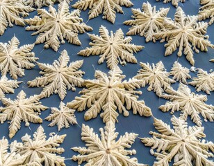 Close up of fuzzy craft snowflakes on dark blue background, symbolizing winter crafts and seasonal decoration.
