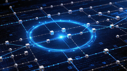 Futuristic digital network with glowing blue ring, data cubes and silver spheres connected by lines, blockchain or AI system visualization