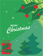 Editable christmas card vector design in two shades of  green background minimalistic vector