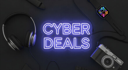 Cyber deals neon sign glowing on dark desk with wireless headphones, smart watch, vintage camera and tech gadgets for online shopping promotion