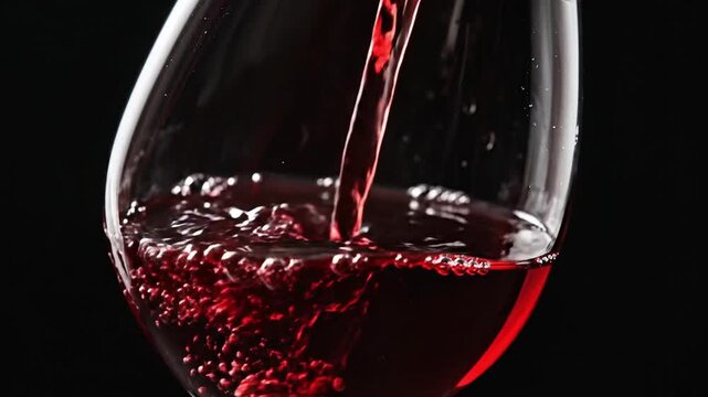 Dynamic pour of rich red wine into an elegant glass, creating captivating bubbles against a sophisticated dark background, perfect for luxury bever...