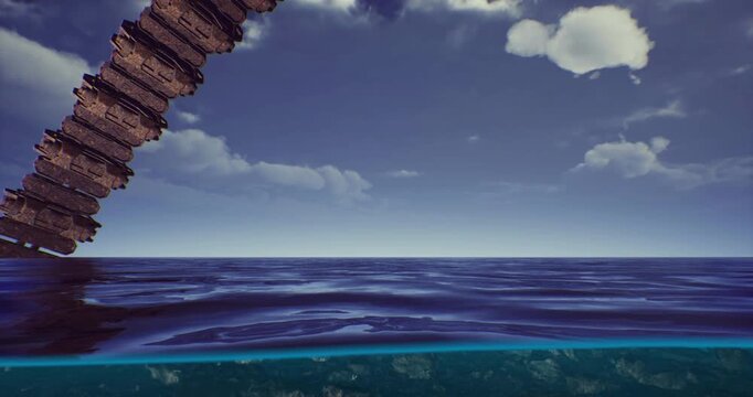 Amidst the vast expanse of vibrant blue ocean, a colossal alien vessel rests, its metallic structure partially submerged. Clouds drift lazily above, hinting at untold stories from the past.