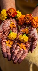 Henna-adorned hands holding marigold flowers in a traditional Indian wedding.