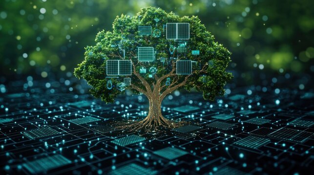 Tree with digital screens, circuit board roots in a bokeh forest - Powered by Adobe